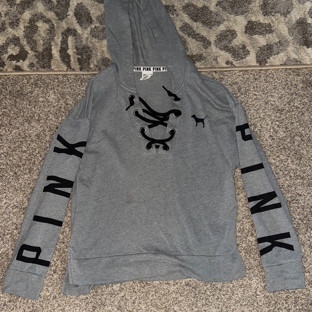 PINK Victoria's Secret Gray Hoodie with Black Lace-Up